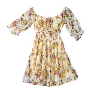 Hint of Blush Yellow Floral Smocked‎ Off Shoulder Ruffle Dress S Romanticcore